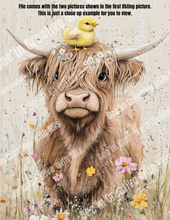 Load image into Gallery viewer, Highland Cows with baby Chick and wildflowers #2 Canvas Project 1x6