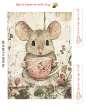 Load image into Gallery viewer, Valentine Mouse Cup of Tea Chippy Wood Look Background 1x6
