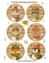 Load image into Gallery viewer, Woodland Animal Music Note 3" Circle Ornaments or Tag Printable