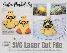 Load image into Gallery viewer, Easter Chick and Bunny with Glasses SVG Cut File Basket Tie On Tag Ornament Charm