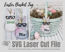 Load image into Gallery viewer, Easter Chick and Bunny with Glasses SVG Cut File Basket Tie On Tag Ornament Charm