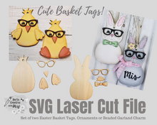 Load image into Gallery viewer, Easter Chick and Bunny with Glasses SVG Cut File Basket Tie On Tag Ornament Charm