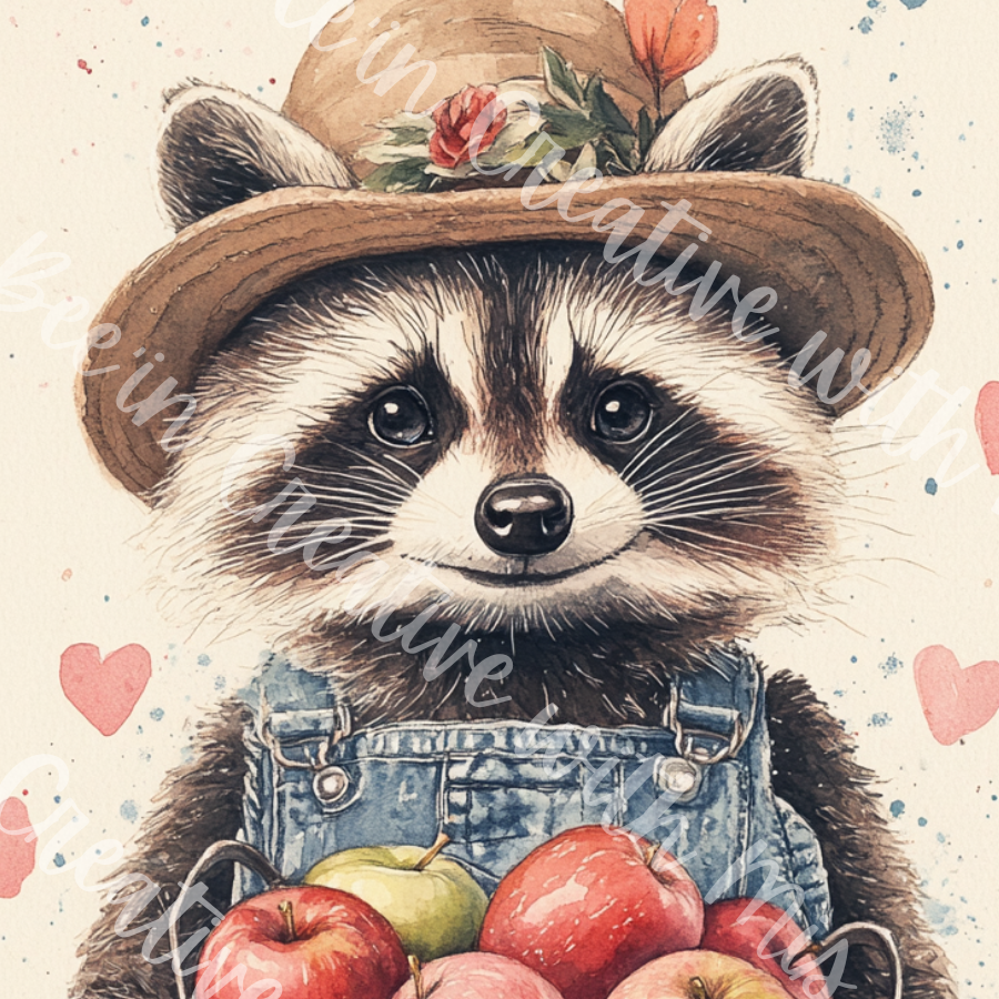 Valentine Raccoons with Hats Apples Canvas Project 1x6 I'd Pick You