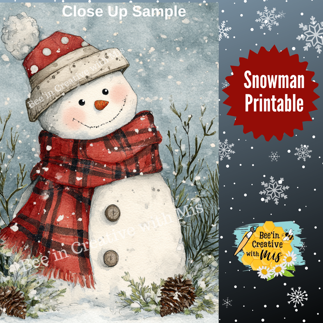 Snowmen Dk Red Plaid & Blue Canvas Printable 2x6