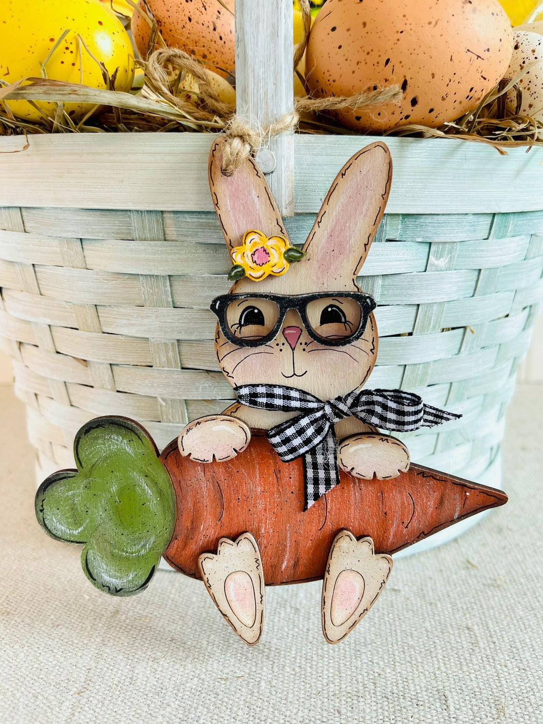 Unfinished wood Carrot on Bunny with Glasses