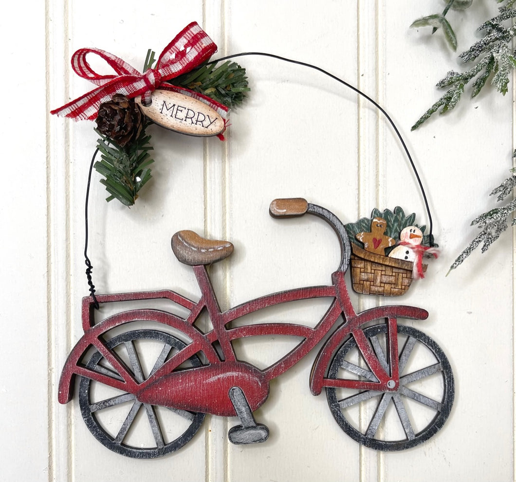 Christmas Bicycle Ornament Unfinished Wood Gingerbread and Snowman Basket