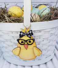 Load image into Gallery viewer, Baby Chick with Glasses Easter Basket Tie On Ornament Unfinished Wood Blank
