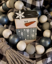 Load image into Gallery viewer, Snowman Coffee Cup with Ribbed Sleeve Unfinished Wood Ornament or Garland Tag
